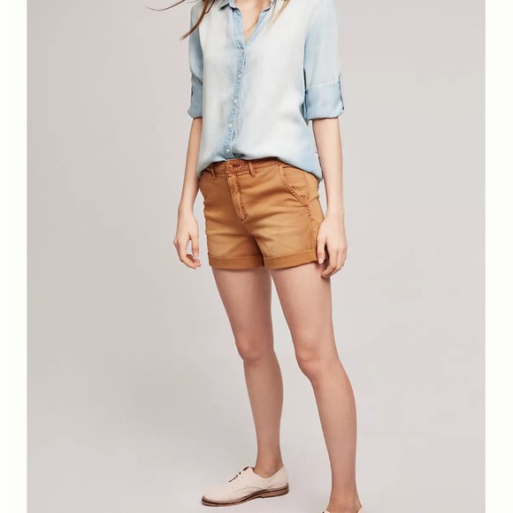 Anthropologie Tan Chino Shorts Relaxed Fit High Rise Cotton Blend 25 - Picture 1 of 6